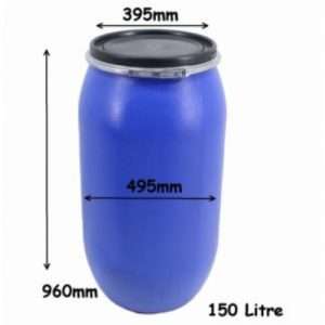 150 litre open top blue HDPE plastic drums